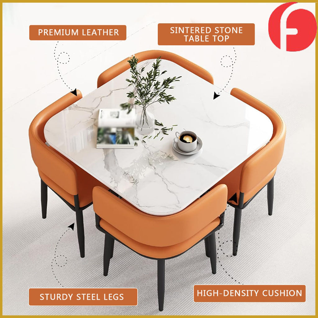 Rachel Dining Set with Curved Edges Sintered Stone Table Top Leather High Density Chair