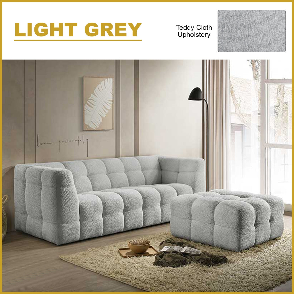 Falan 4-Seater Sofa with Stool Teddy Cloth Upholstery Sofa in Light Grey/Beige Colour
