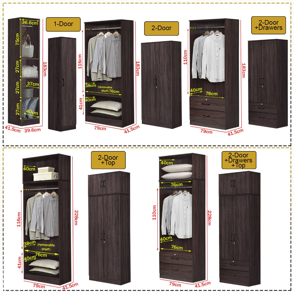 Britain Series 1/2/3/4/5 Doors Tall Wardrobe with Drawers and Top Cabinet in Black Walnut