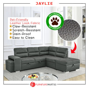 Jaylie Left-Right Reversible Sleeper Sectional Sofa with Ottoman Storage in Grey Pet Friendly Fabric