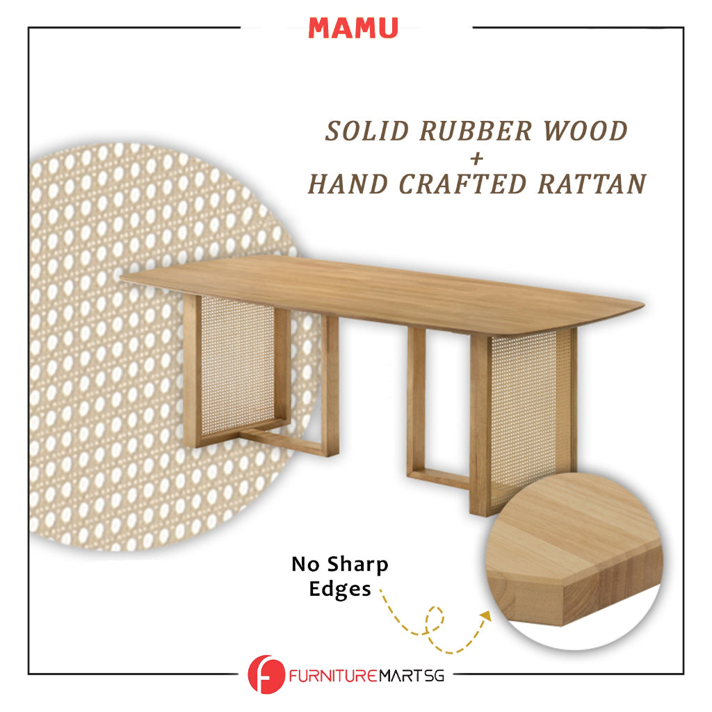 Mamu 1+6 Dining Set Solid Rubber Wood + Hand Crafted Rattan