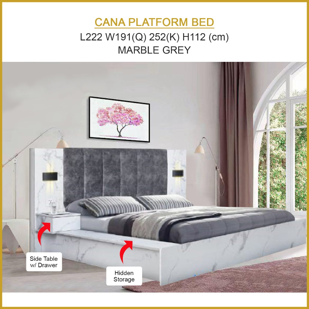 Cana Queen/King Size Platform Bed Frame with Side Table w/ Drawers & Hidden Storage
