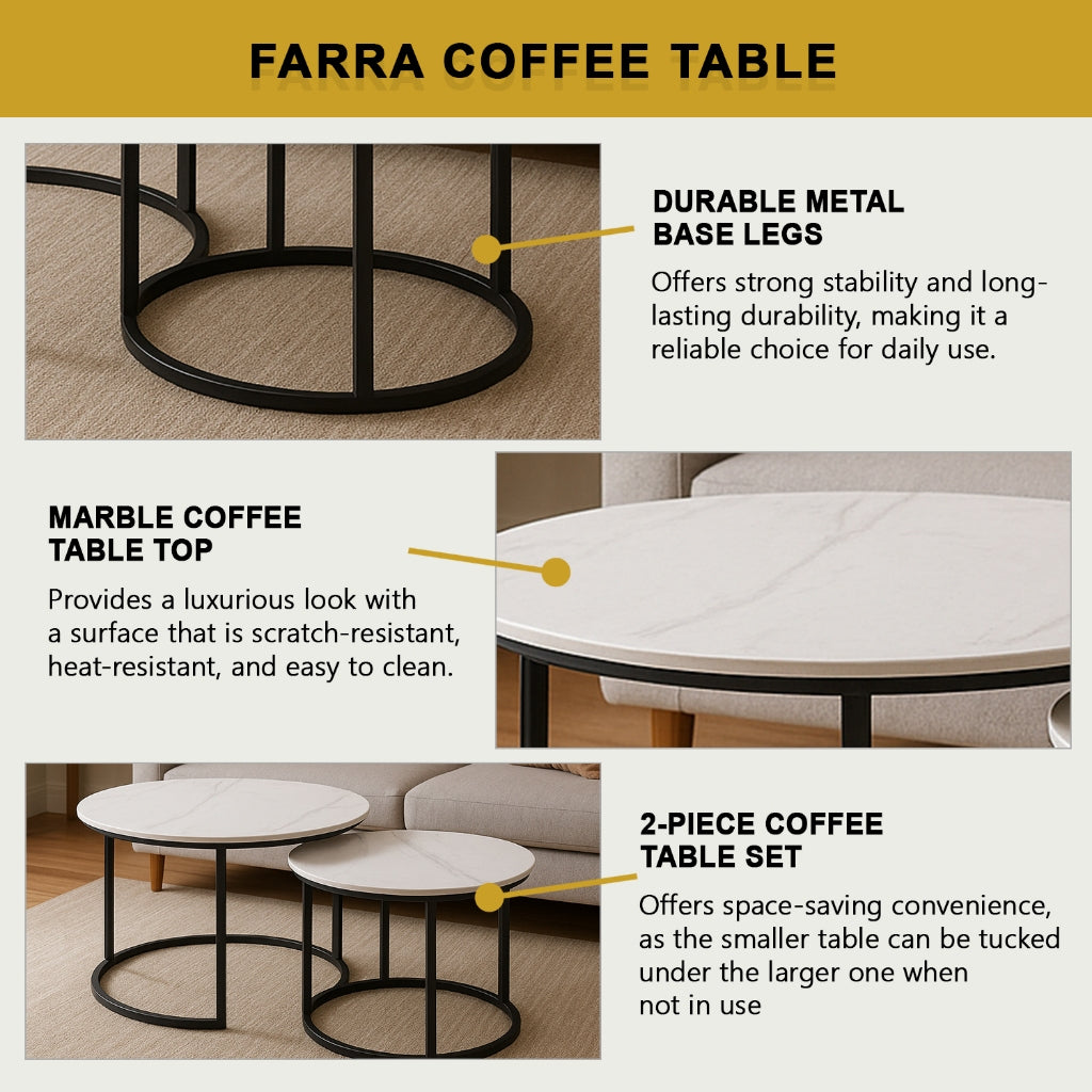 Farra 2-Piece Round Coffee Table Metal Leg + Marble Ceramic Top in 2 Colour