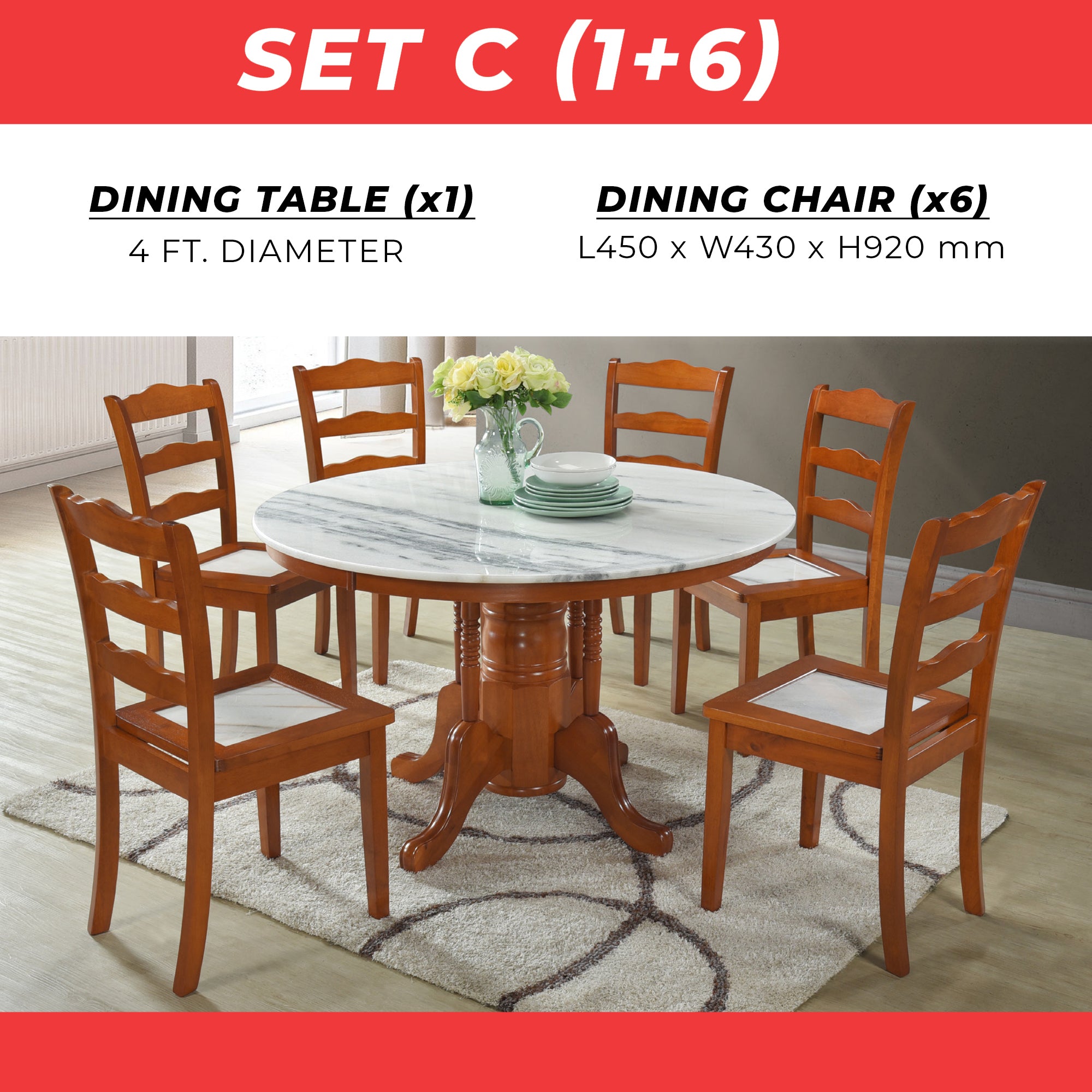 Saniti Series 1+6 Natural Marble Dining Set Table with Chair in Cherry Colour