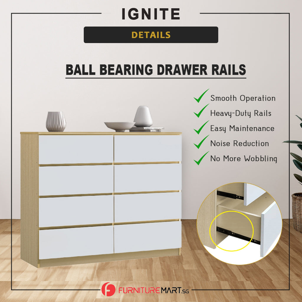 Ignite 8 Drawers Premium Chest of Drawers Full Laminated Back Panel in 6 Colours