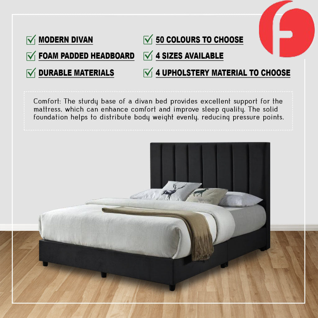 Miller Divan Bed Frame with Foam Padded Headboard - PetFriendly Option / All Sizes