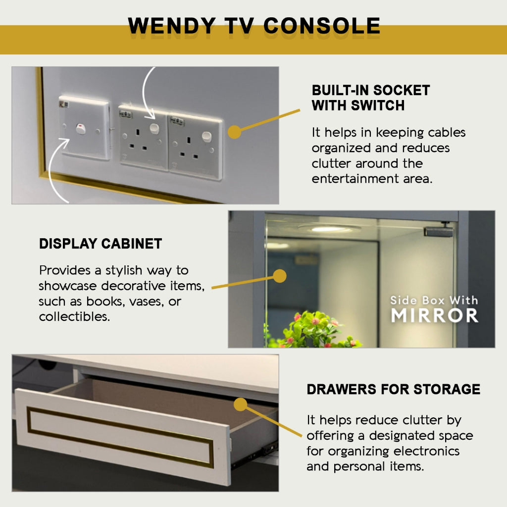 Wendy Hanging TV Console Floating with Socket, LED Light, Display Cabinet & Drawers