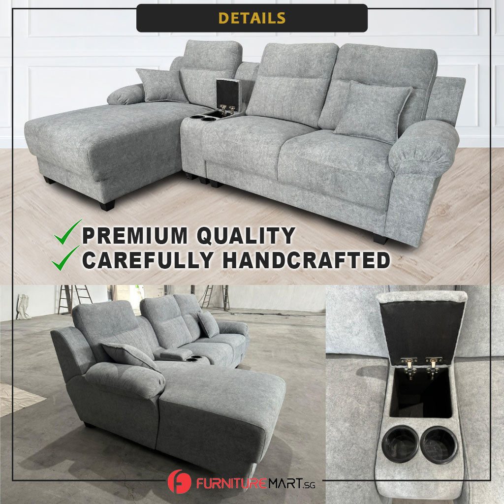 Charles 3-Seater L-Shaped Lounge Sofa with Storage & Cup-Holder - PetFriendly Option