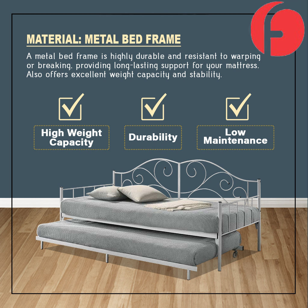 Emily Metal Daybed Bed Frame Single with Pull-Out in Black/White Colour w/ Mattress