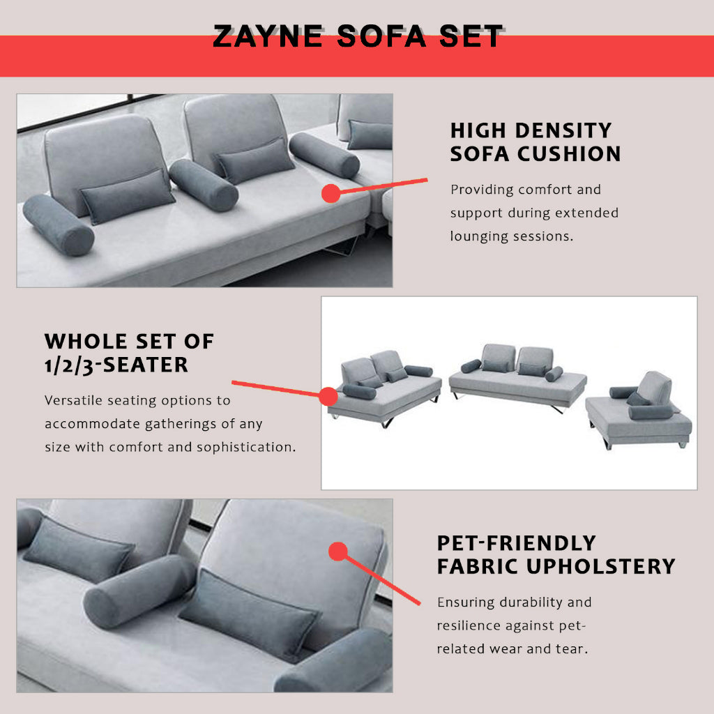 Zayne 1/2/3-Seater Sofa Set Pet Friendly Fabric Scratch-Resistant Stain-Proof in Grey Colour