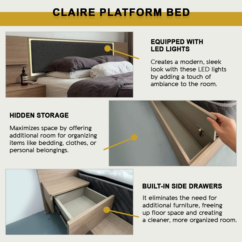 Claire Platform Bed Japanese Tatami Bedframe in Queen/King Size with Storage & Led Light
