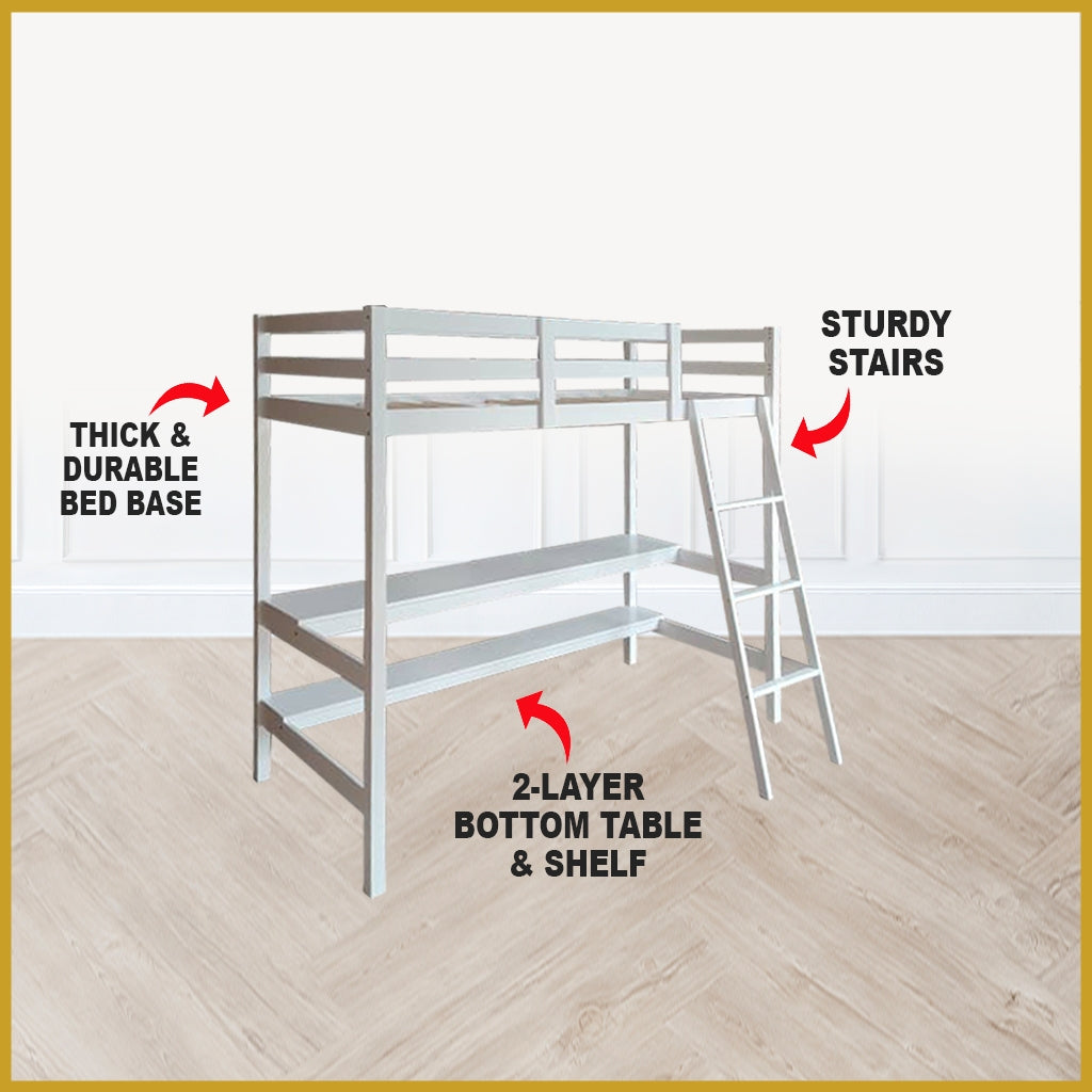 Lamer Single Loft Bed Solid Rubberwood Sturdy Durable in 3 Colours - w/ Mattress