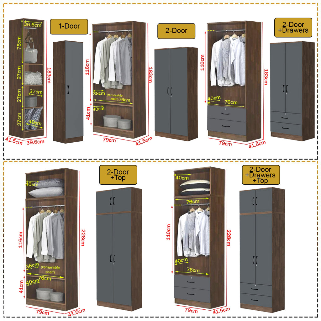 Paris Series 1/2/3/4/5 Doors Tall Wardrobe with Drawers and Top Cabinet in Columbia Grey