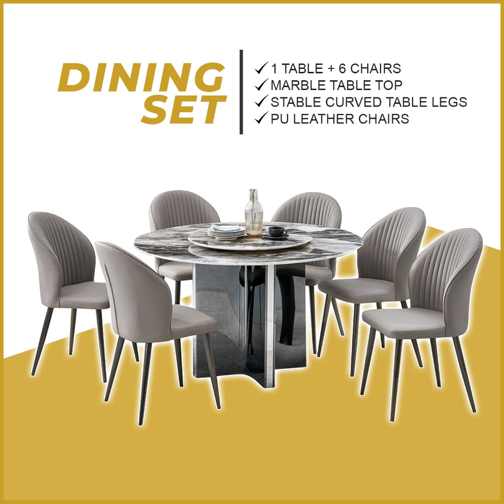 Mikko 1+6 Dining Set Marble Table with PU Leather Chair