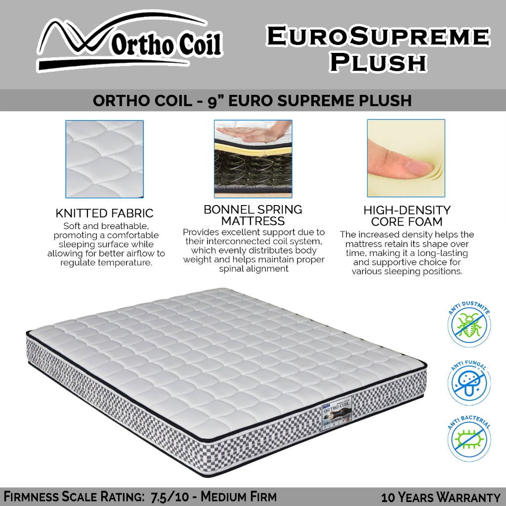 Ortho Coil 9"/11" Bonnel Spring Mattress Euro Supreme & Hotel Premier - All Sizes