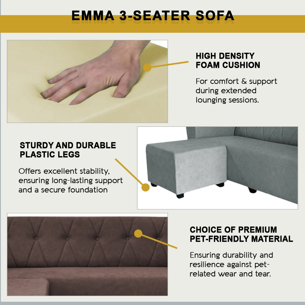 Emma 3-Seater L-Shaped Sofa with Stool High Density Foam w/ PetFriendly Options