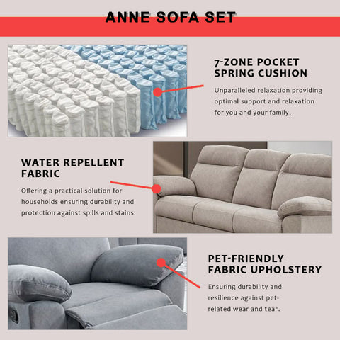 Image of Anne Single Recliner with 2+3-Seater Sofa Set Pet-Friendly Fabric Scratch-proof Claw-Proof Easy Clean in Grey Colour