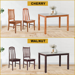 Kamila Dining Set with Table & Chairs 1+6 in Solid Wood Natural Marble Top Cherry/Walnut
