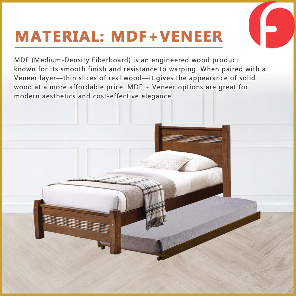 Marin Single Pull-Out Bedframe MDF + Veneer Solid Wood Slatted Base  - w/ Mattress Option