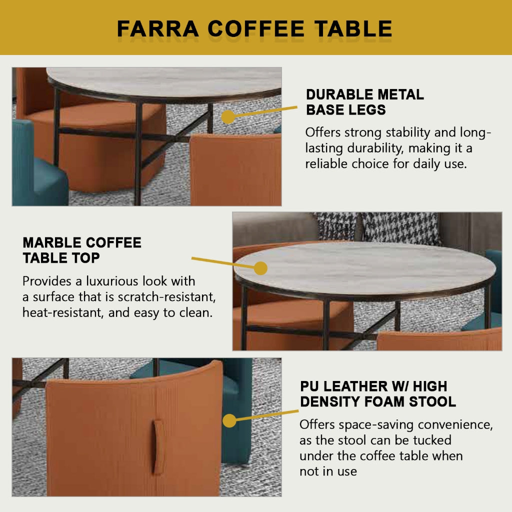 Lenny Coffee Center Table with 4 pcs Stool Steel metal + Ceramic Table Top