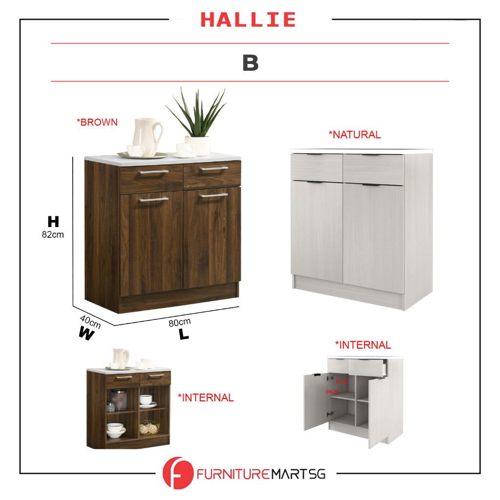 Hallie Series Modular Kitchen Cabinet Melamine Panel Top with Hanging Cabinet in Brown & Natural Color.