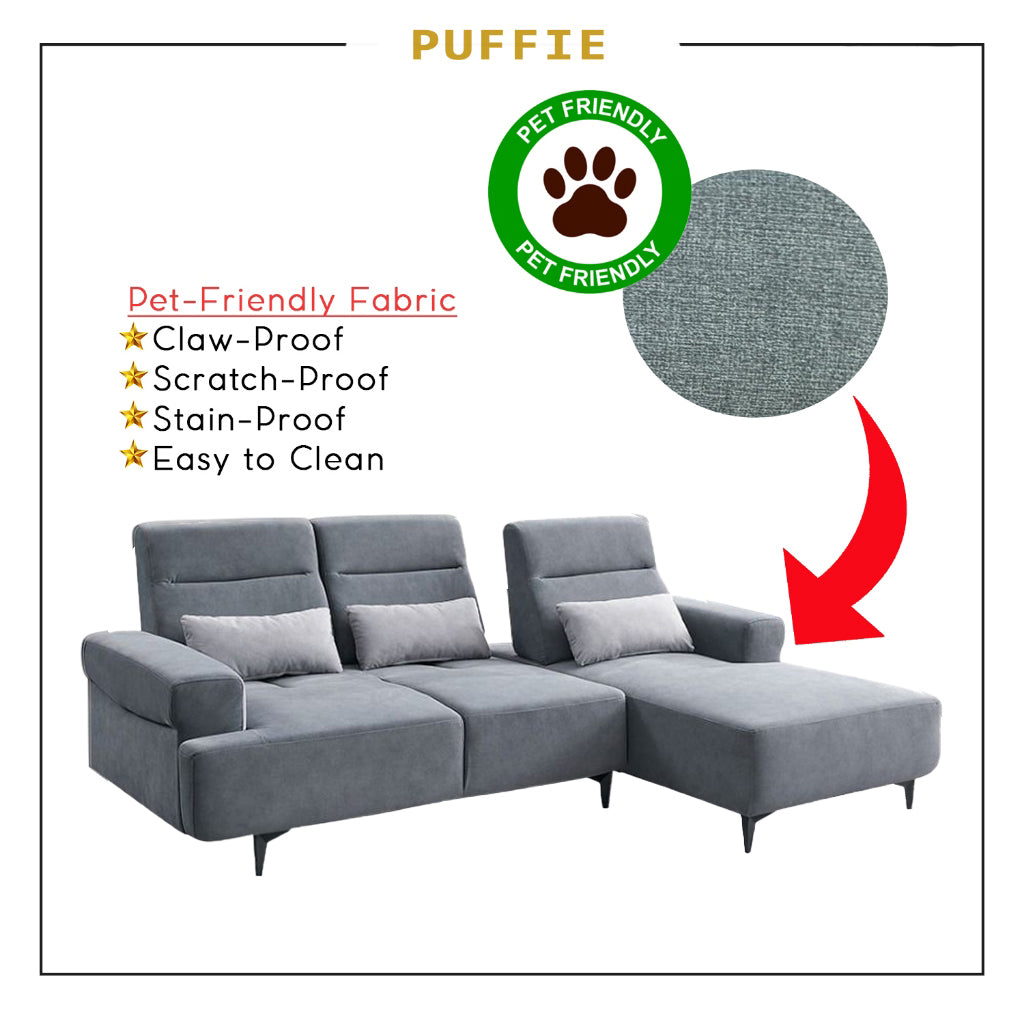 Puffie Pet-Friendly L-shaped Pushback Sofa Pocketed Spring Seat in Grey Colour