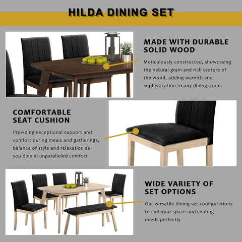 Image of Hilda Solid Wood Dining Set Table with PU Leather Chair and Bench in 2 Colours