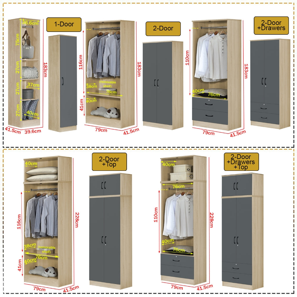 Florence Series 1/2/3/4/5 Doors Tall Wardrobe with Drawers and Top Cabinet in Natural