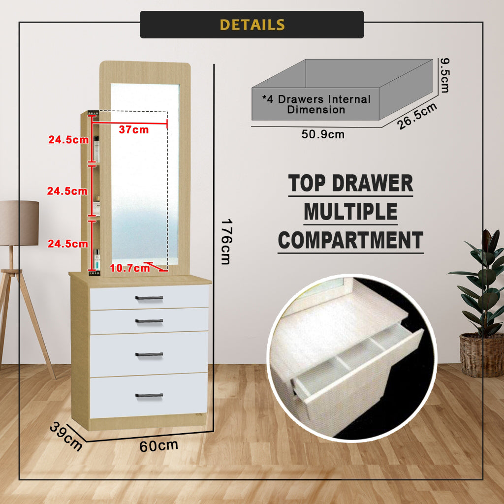 Velin CARB-P2 Certified Board Dressing Table / Gliding Drawer Dresser in 6 Colours