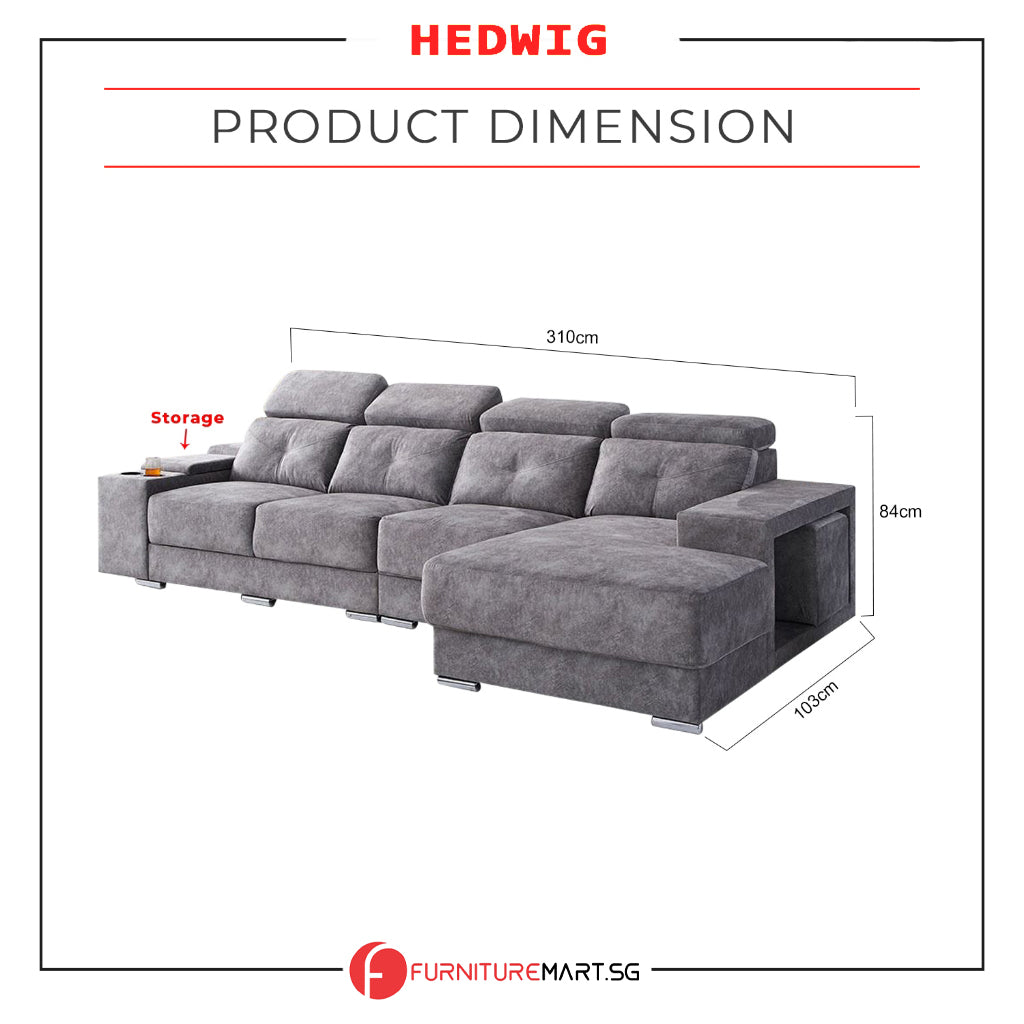 Hedwig L-Shaped Sofa Water Resistant Fabric in Grey Colour