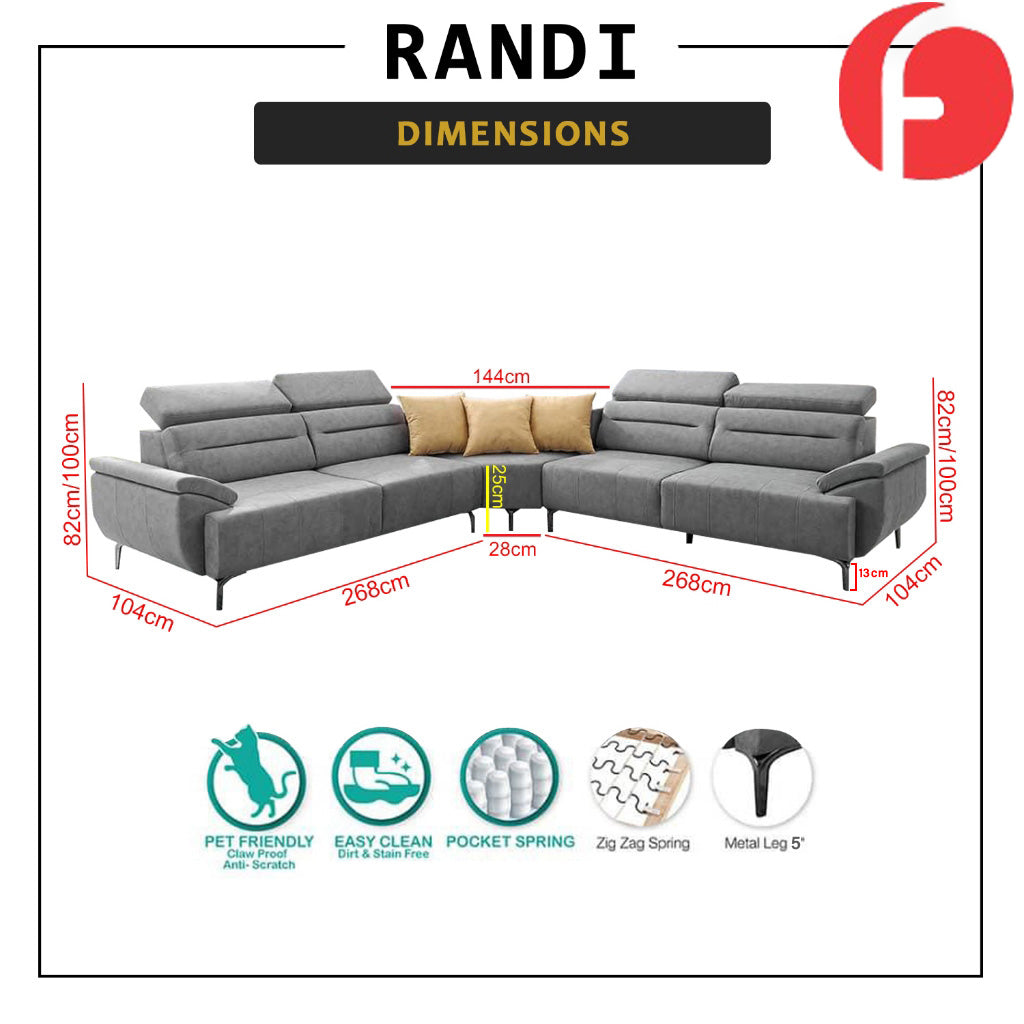 Randi Series Corner Sofa Pocket Spring Sofa in 47 Colour - w/ PetFriendly Fabric Option