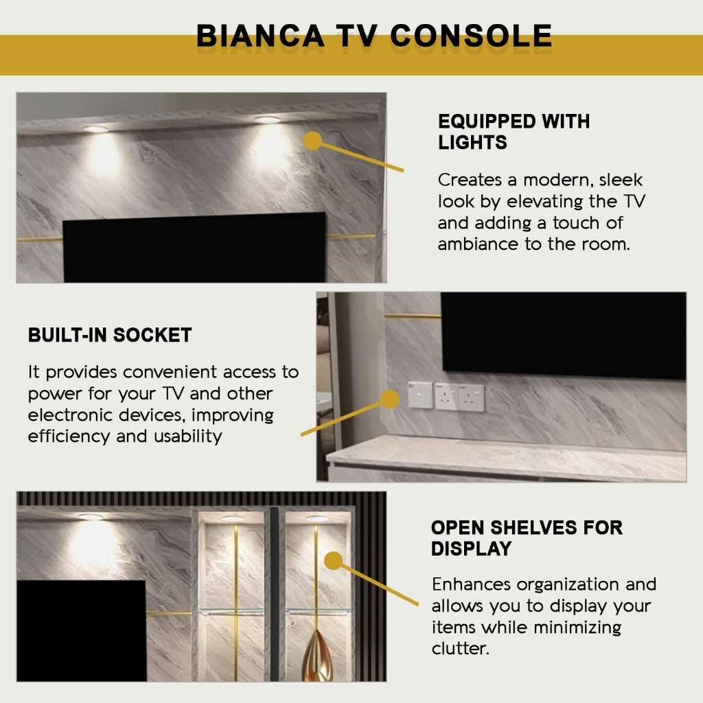 Bianca Hanging TV Console Floating with Display Shelf Cabinet & Built-in Light & Socket