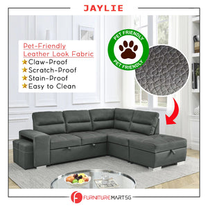 Jaylie Left-Right Reversible Sleeper Sectional Sofa with Ottoman Storage in Grey Pet Friendly Fabric