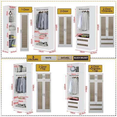 Image of CROATIA Series 1/2/3/4/5 Doors Wardrobe Rattan Design with Drawers and Top Cabinet