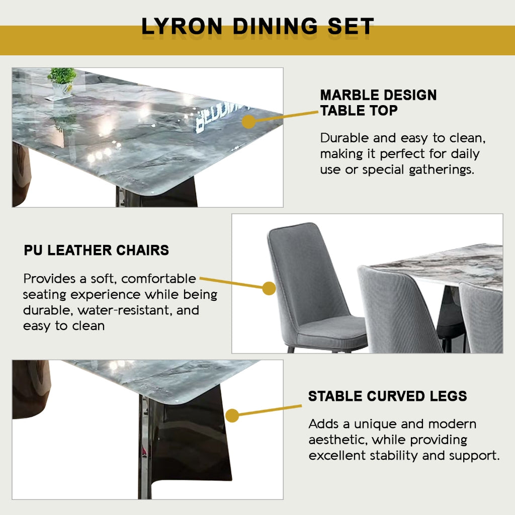 Lyron 1+6 Dining Set Marble Table with PU Leather Chair