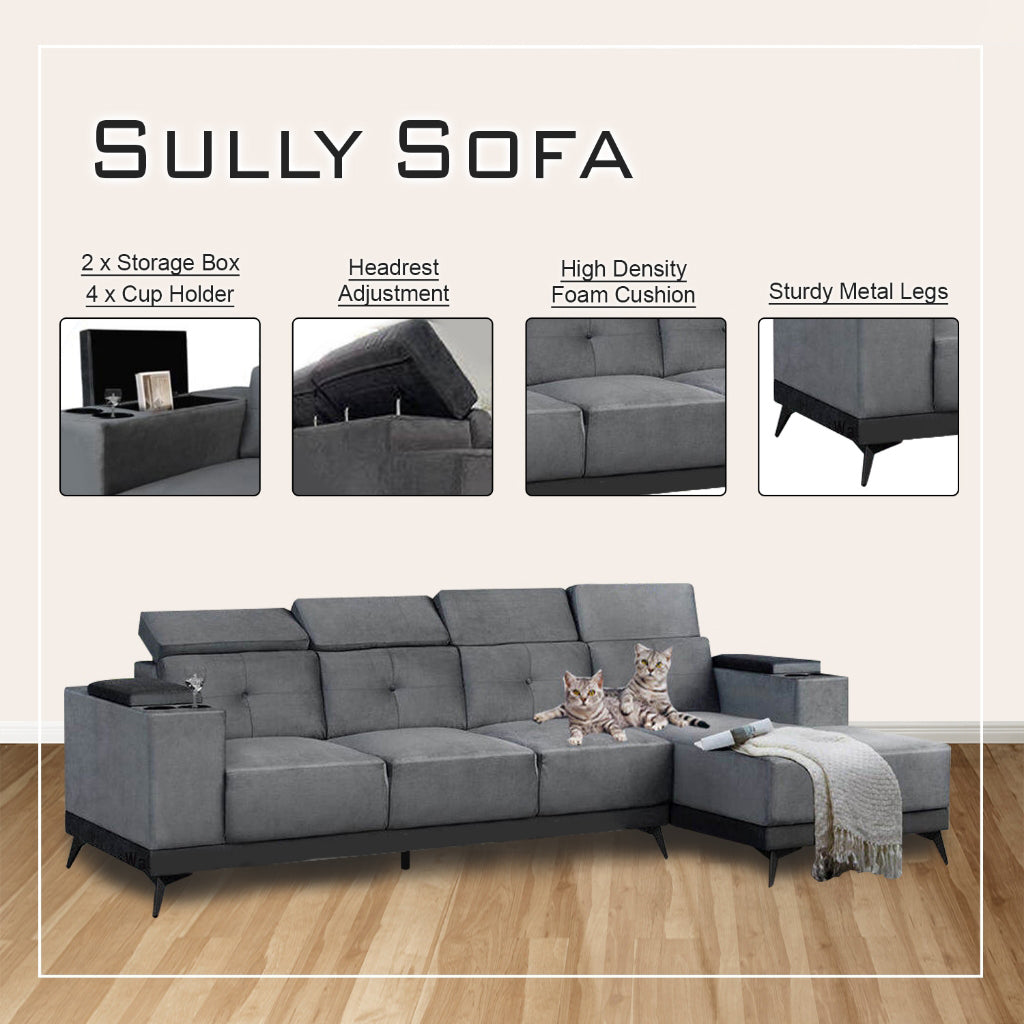 Sully 3/4-Seater L-Shaped Sofa with Storage w/ Scratch Resistant Pet-Friendly Option