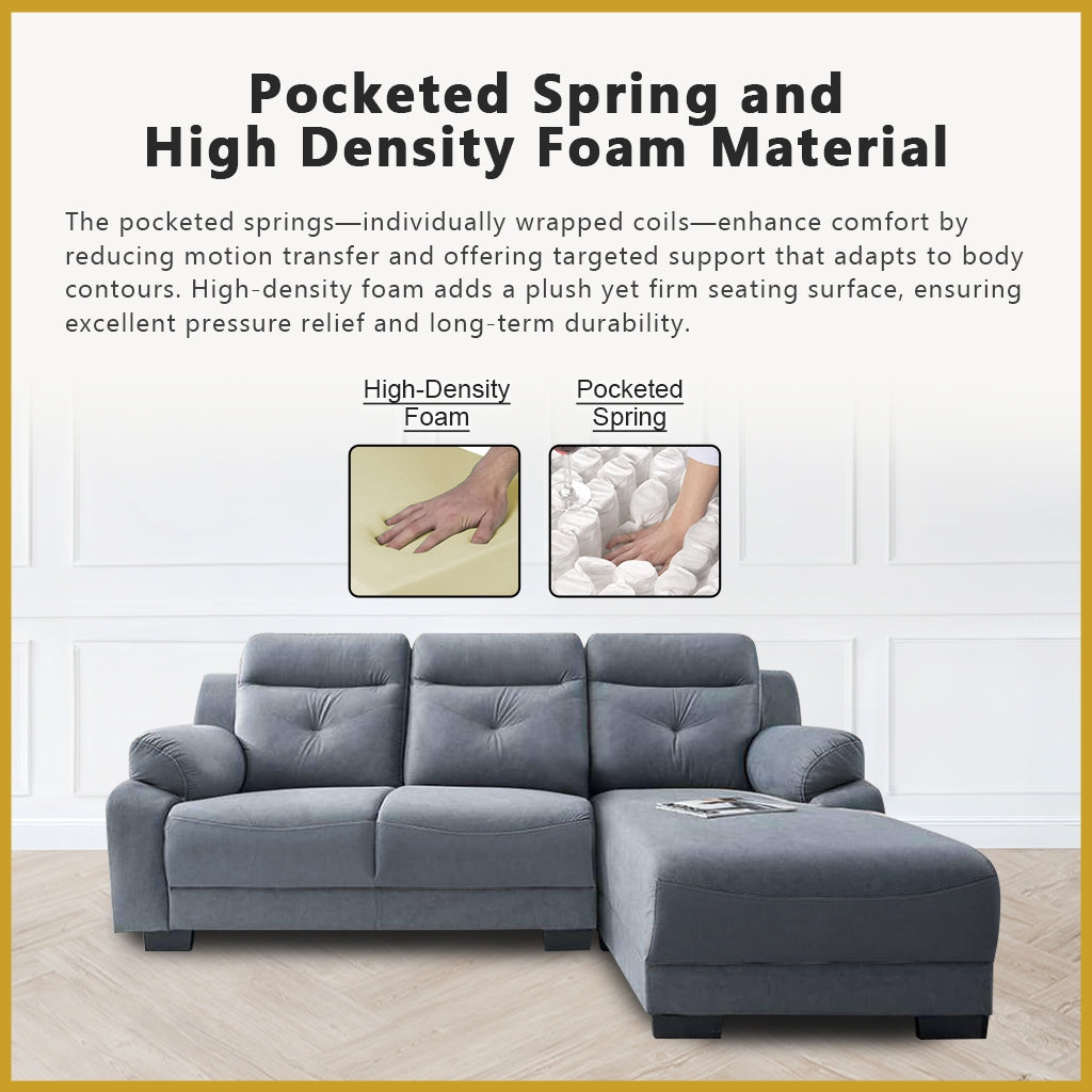 Maine 3-Seater L-Shaped Sofa Pocketed Spring in 50 Colour - w/ PetFriendly Fabric