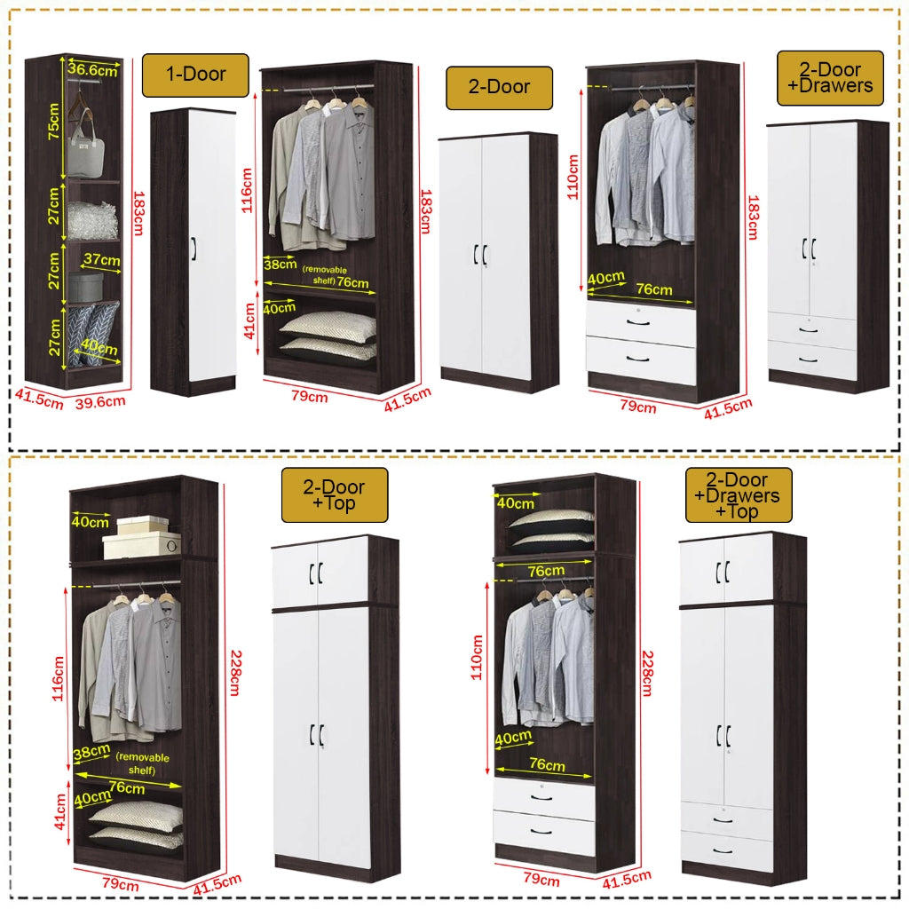 Rome Series 1/2/3/4/5 Doors Tall Wardrobe with Drawers and Top Cabinet in Walnut+White