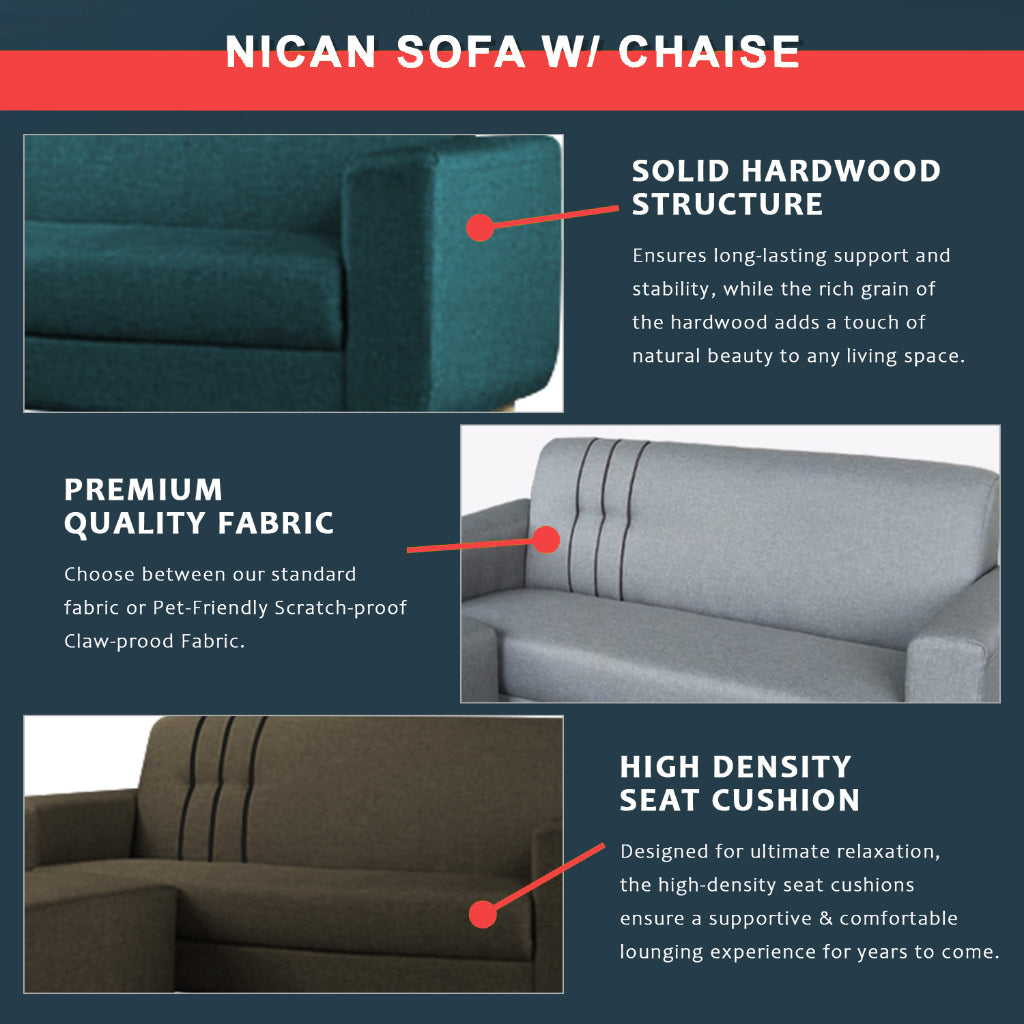 Nican 3-Seater Sofa with Chaise in Pet Friendly Fabric Colours