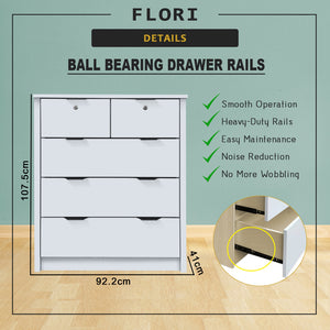 Flori 5-Drawers Premium Chest of Drawers Full Laminated Back Panel in 6 Colours