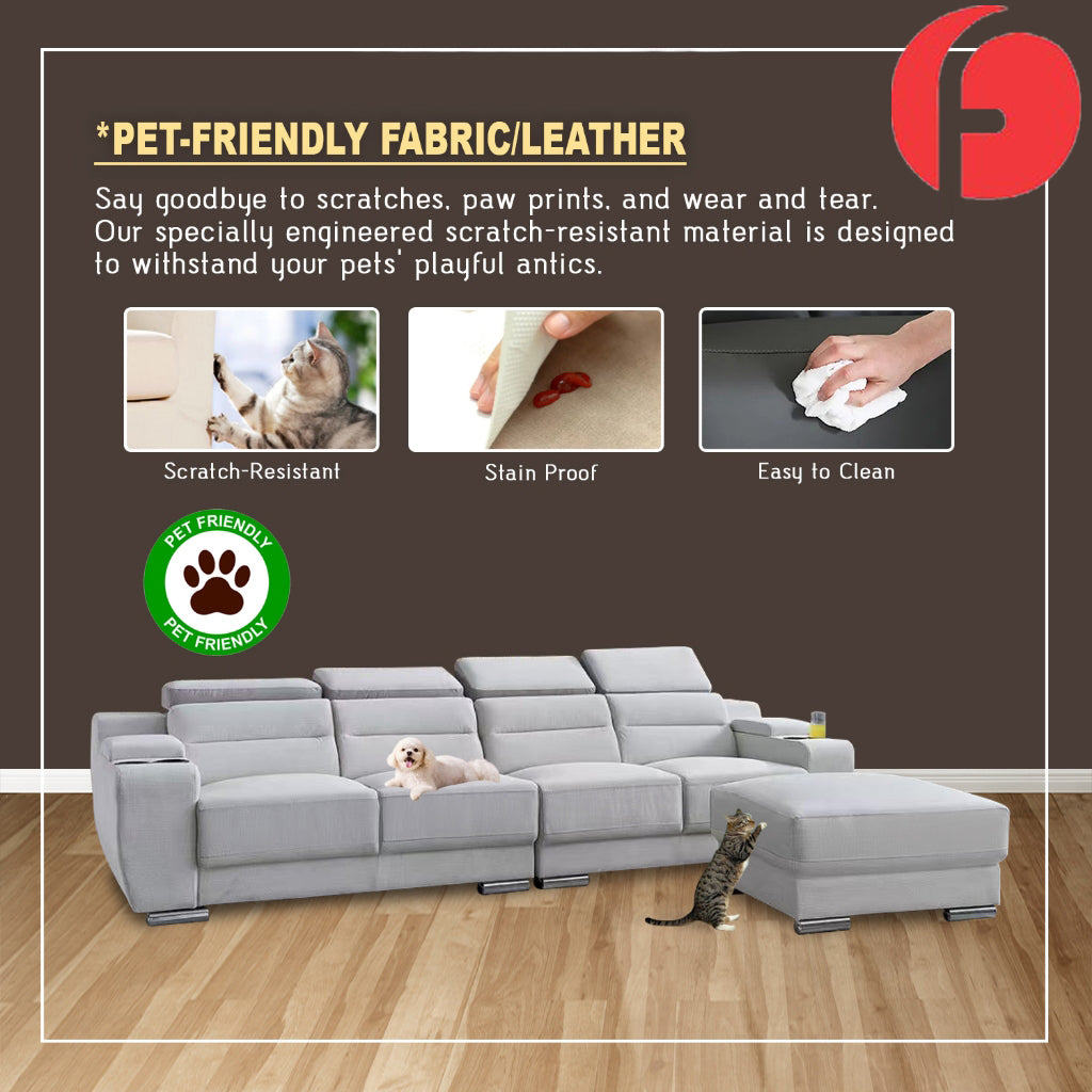 Eloise 4-Seater Sofa with Stool,  Storage & Cup Holder w/ Pet-Friendly Scratch-Resist