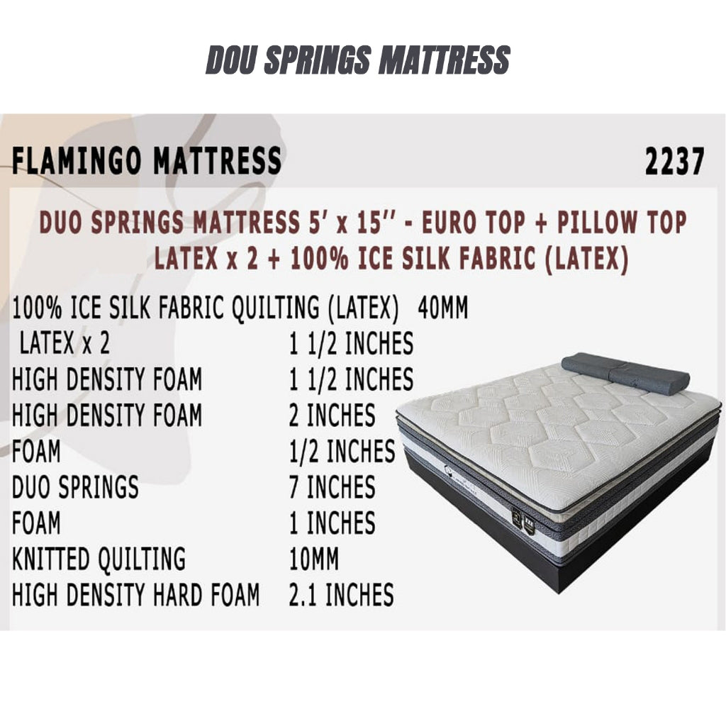 Flamingo Duo Springs Queen Mattress 15" -Euro Top + Pillow Top Latex 100% Ice Silk Fabric
