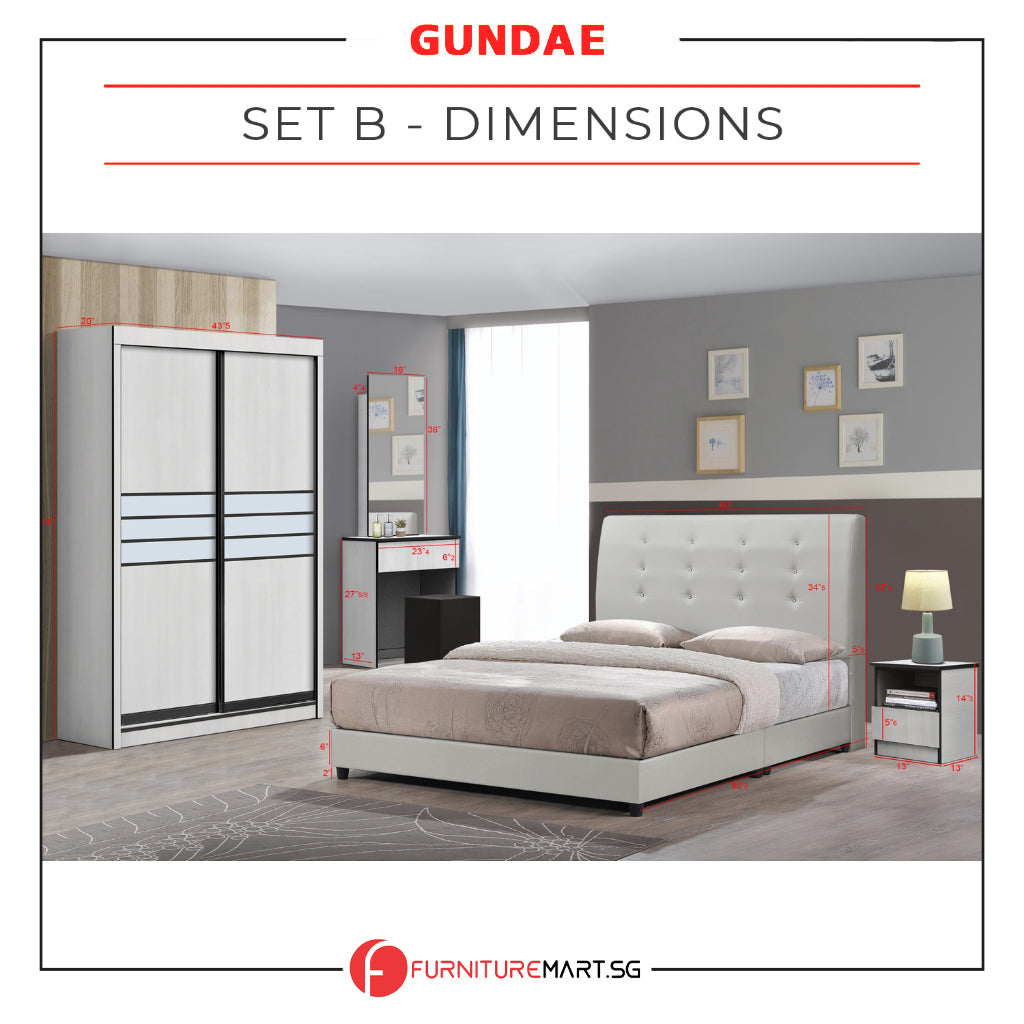 Gundae Bedframe, Wardrobe, Dresser, Bedside Table Bedroom Set in 2 Colour w/ Mattress Option. All Sizes Available