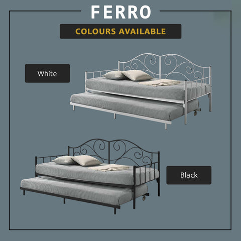 Image of Ferro Metal Daybed Bed Frame with Pull-Out in Black or White Colour - w/ Mattress Option