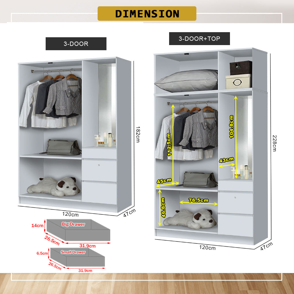 Sabine 3-Door Wardrobe Dresser with Top Combo with Mirror and Drawers in 6 Colours