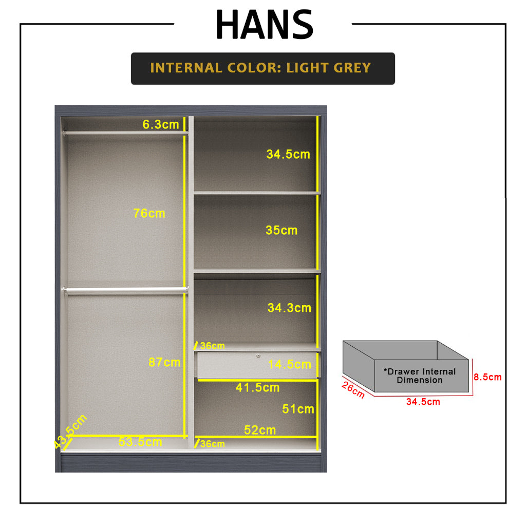 Hans Series 4FT/5FT 2-Door Sliding Door Wardrobe in White Wash or Black