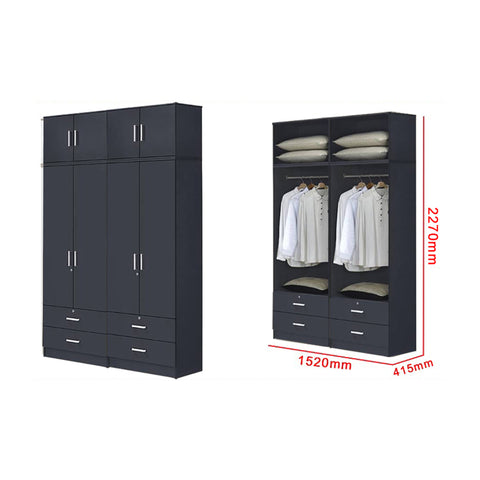 Image of Panama Series 4 Door Tall Wardrobe with 4 Drawers and Top Cabinet in Dark Grey Colour