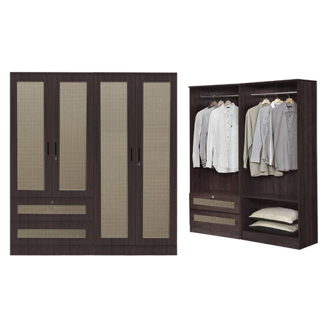 Image of CROATIA Series 1/2/3/4/5 Doors Wardrobe Rattan Design with Drawers and Top Cabinet