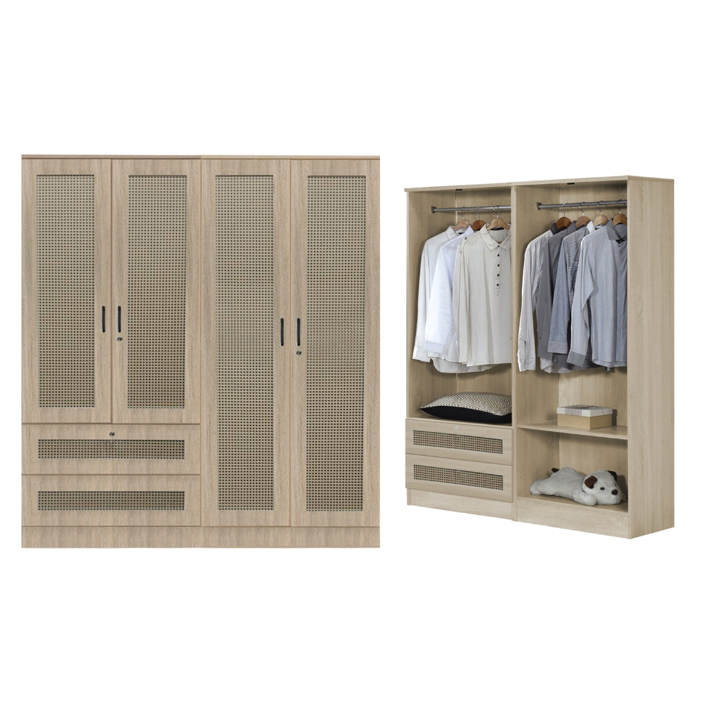 CROATIA Series 1/2/3/4/5 Doors Wardrobe Rattan Design with Drawers and Top Cabinet