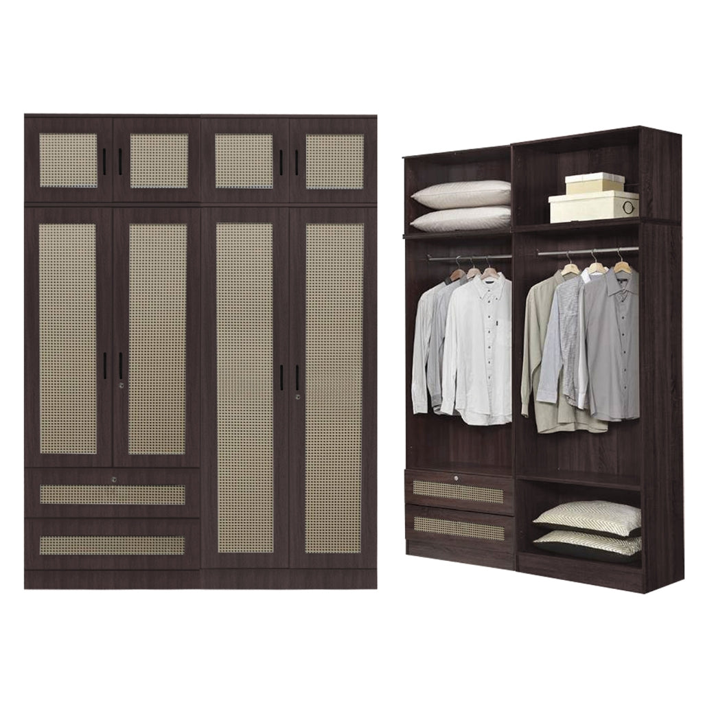 CROATIA Series 1/2/3/4/5 Doors Wardrobe Rattan Design with Drawers and Top Cabinet